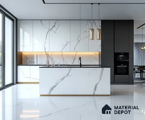 Minimalist Elegance: Kitchen with Marble Backsplash and Sleek Design | Material Depot