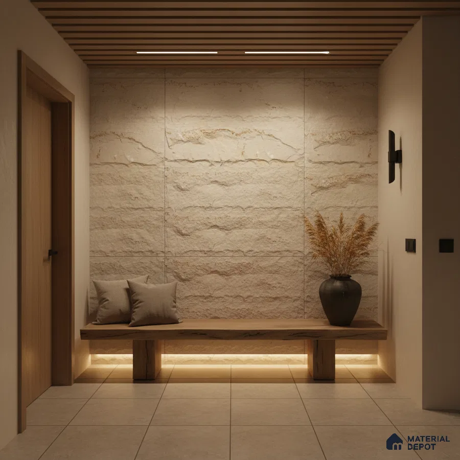 Minimalist foyer with beige stone cladding, wooden bench, and large format floor tiles in Bengaluru