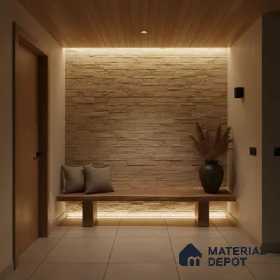 Minimalist foyer with beige stone cladding, wooden ceiling, and large format floor tiles in Bengaluru