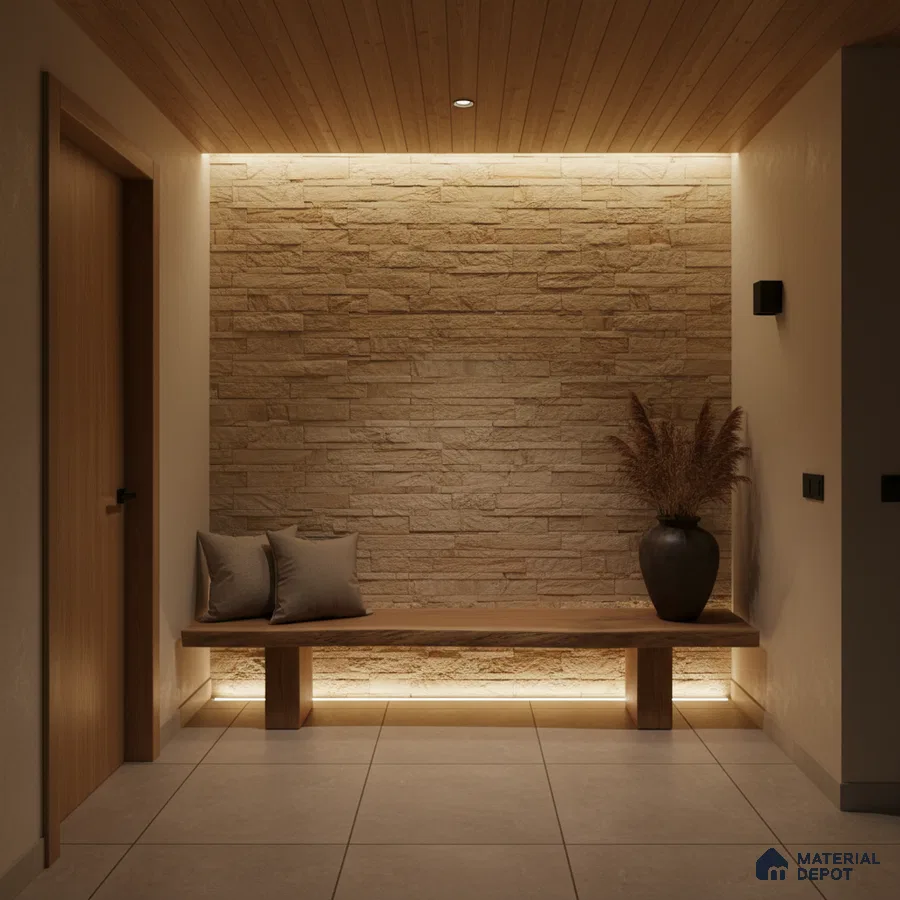 Minimalist foyer with beige stone cladding, wooden ceiling, and large format floor tiles in Bengaluru