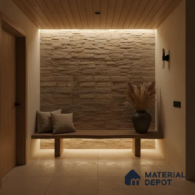 Minimalist foyer with beige stone cladding, wooden ceiling, and large format floor tiles in Bengaluru