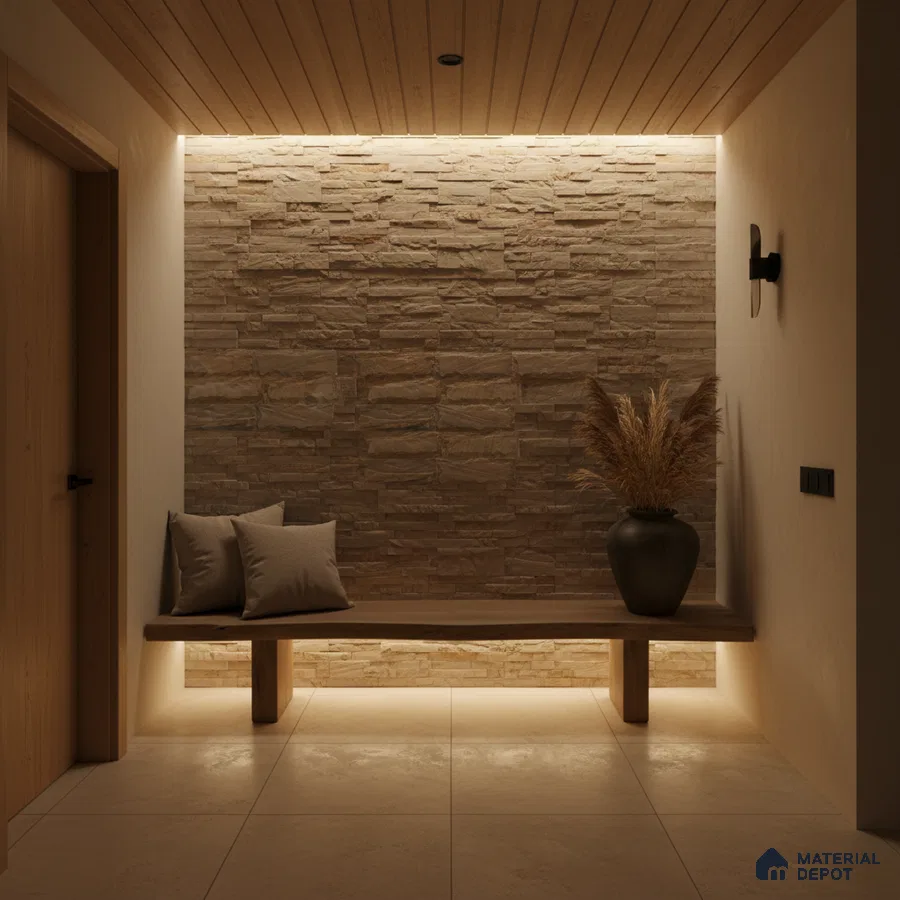 Minimalist foyer with beige stone cladding, wooden ceiling, and large format floor tiles in Bengaluru