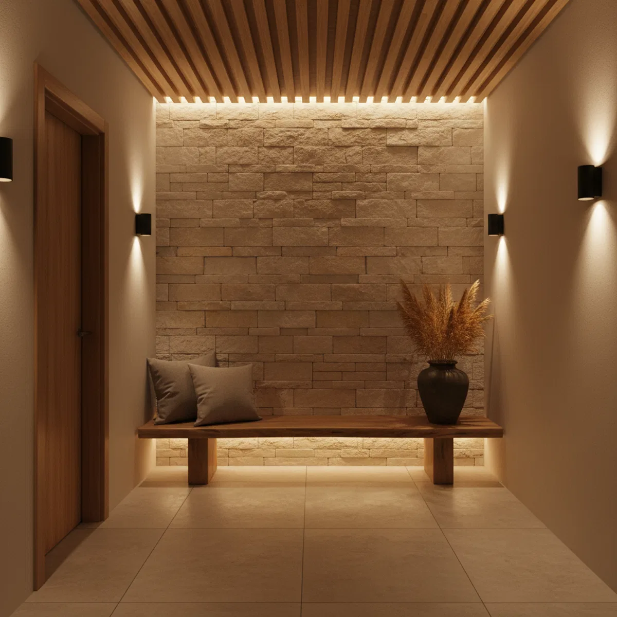 Minimalist foyer with beige stone cladding, wooden slat ceiling, and ...