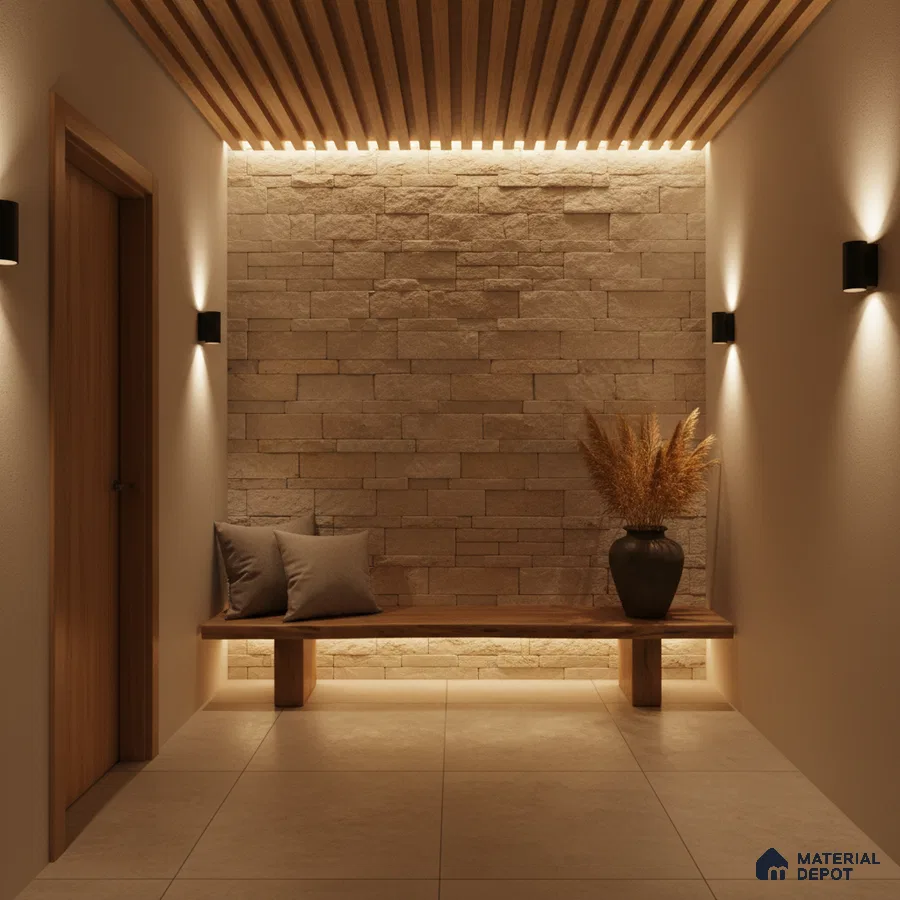 Minimalist foyer with beige stone cladding, wooden slat ceiling, and large format beige floor tiles in Bengaluru