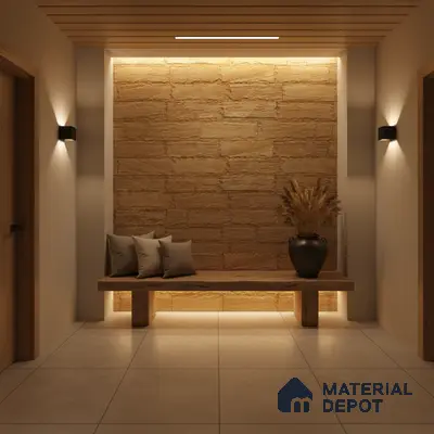 Minimalist foyer with natural stone cladding, wooden bench, and beige floor tiles in Bengaluru