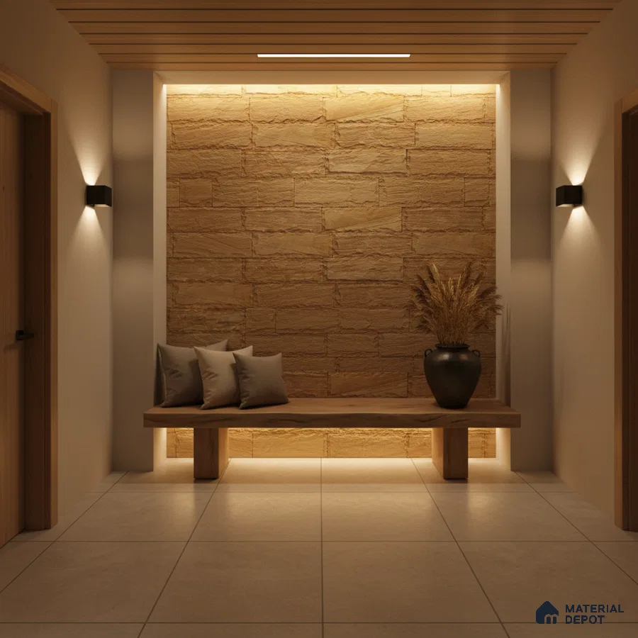 Minimalist foyer with natural stone cladding, wooden bench, and beige floor tiles in Bengaluru