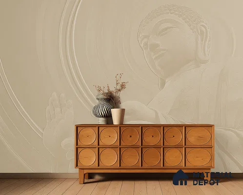 Minimalist foyer with natural wood console and beige Buddha mural wallpaper in Bengaluru