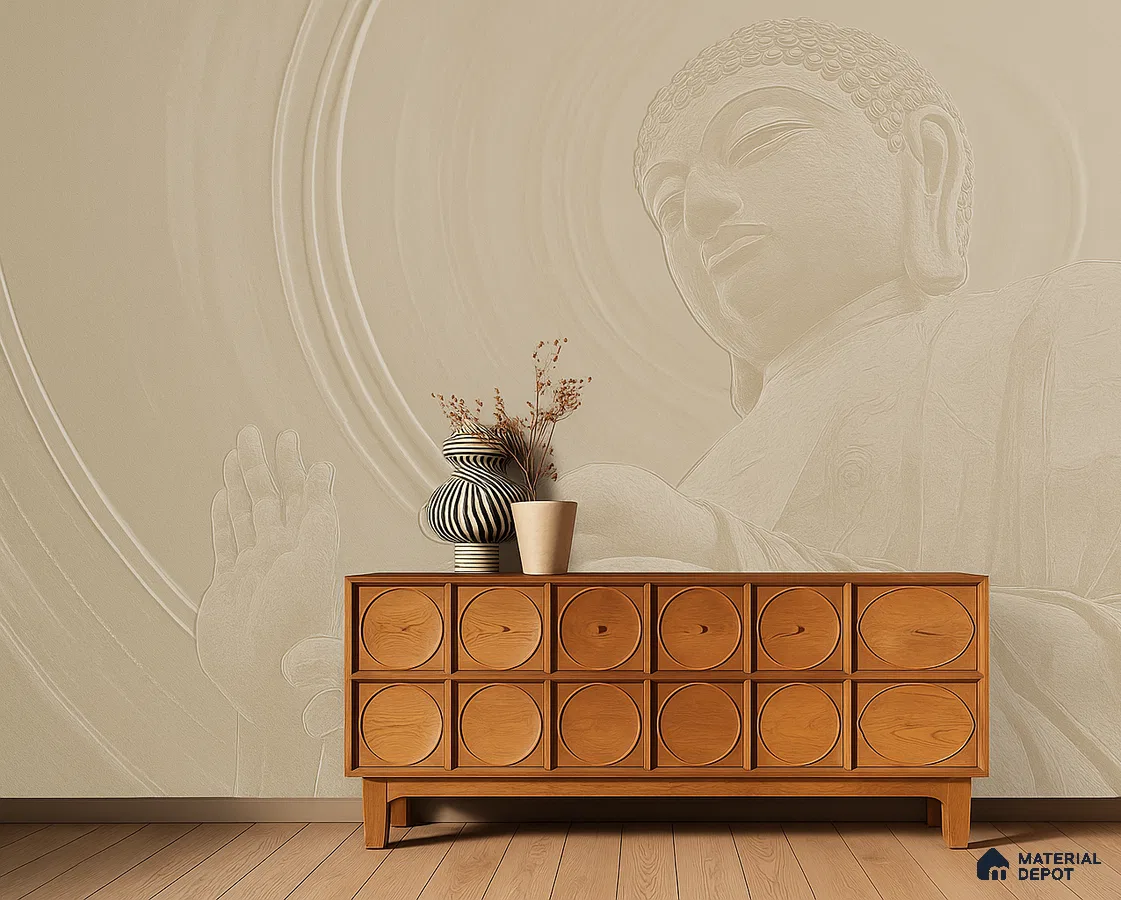 Minimalist foyer with natural wood console and beige Buddha mural wallpaper in Bengaluru
