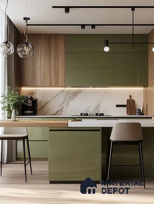 Minimalist Green and Wood Kitchen with Sleek Marble Backsplash | Material Depot