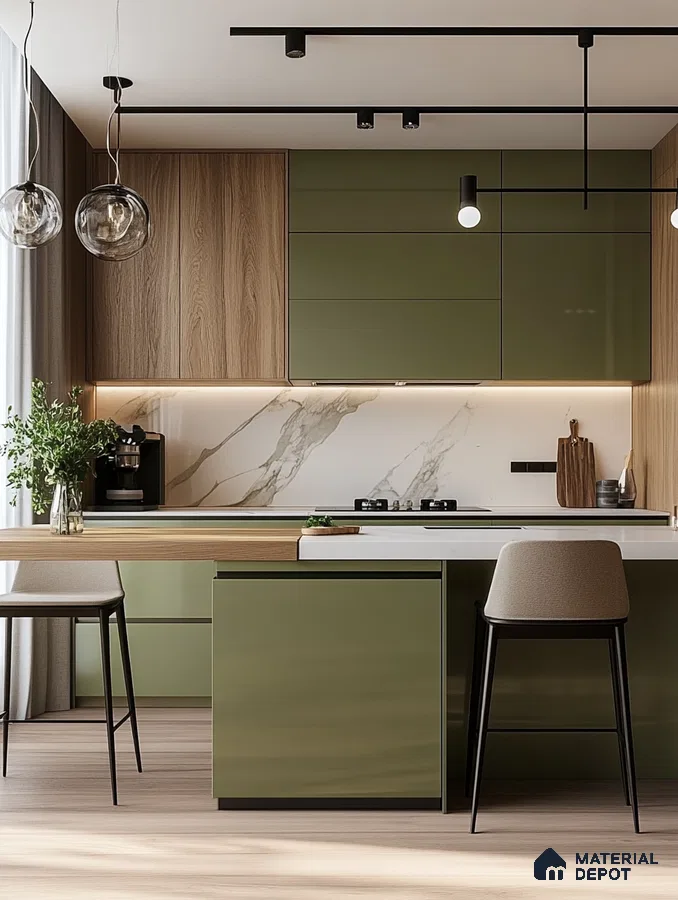 Minimalist Green and Wood Kitchen with Sleek Marble Backsplash | Material Depot