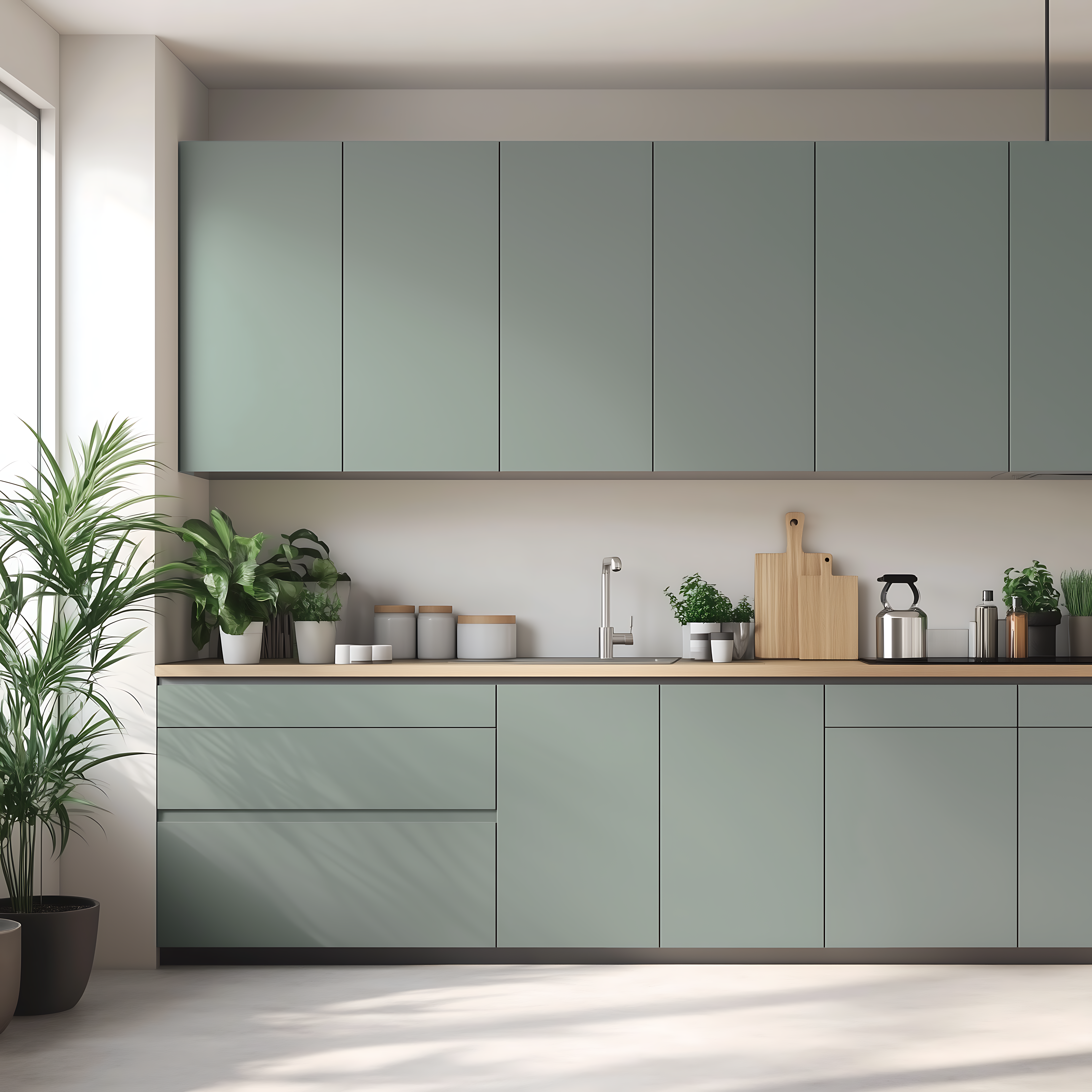 Minimalist Green Kitchen with Flat Cabinets and Natural Light | Material Depot