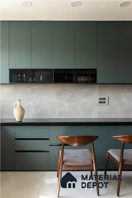 Minimalist Green Kitchen With Stone Texture Backsplash | Material Depot