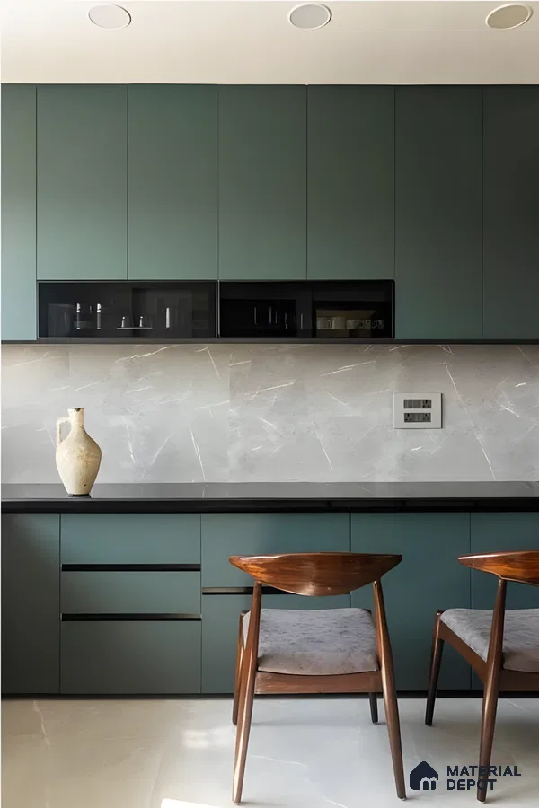 Minimalist Green Kitchen With Stone Texture Backsplash | Material Depot