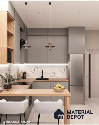 Minimalist Grey And Wood Kitchen With Marble Backsplash And Breakfast Counter | Material Depot