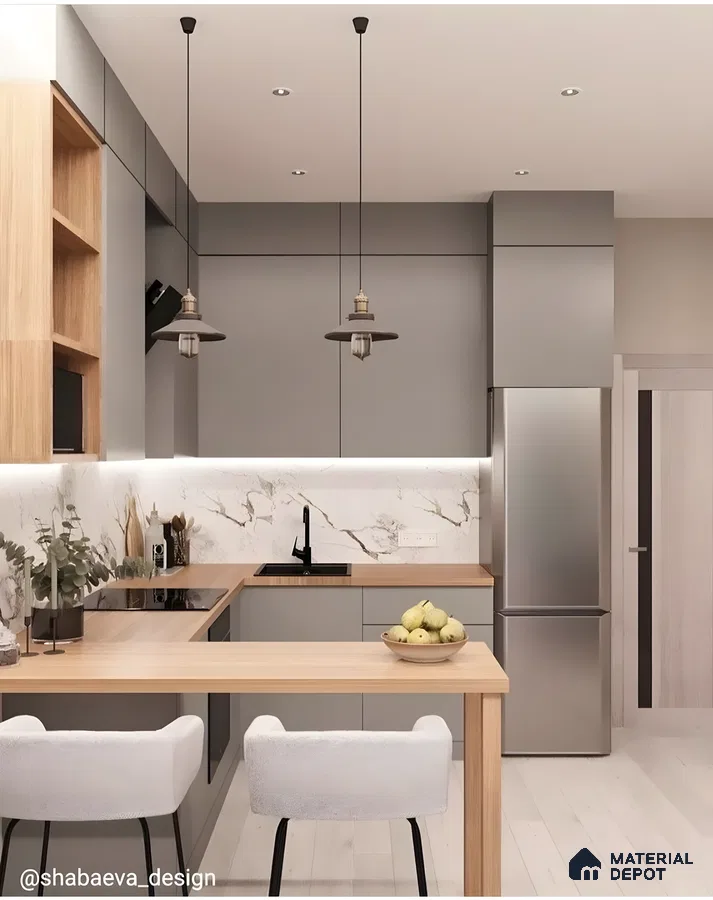 Minimalist Grey And Wood Kitchen With Marble Backsplash And Breakfast Counter | Material Depot