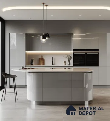 Modern Modular Kitchen with Pastel Teal Cabinets and Marble Backsplash | Material Depot