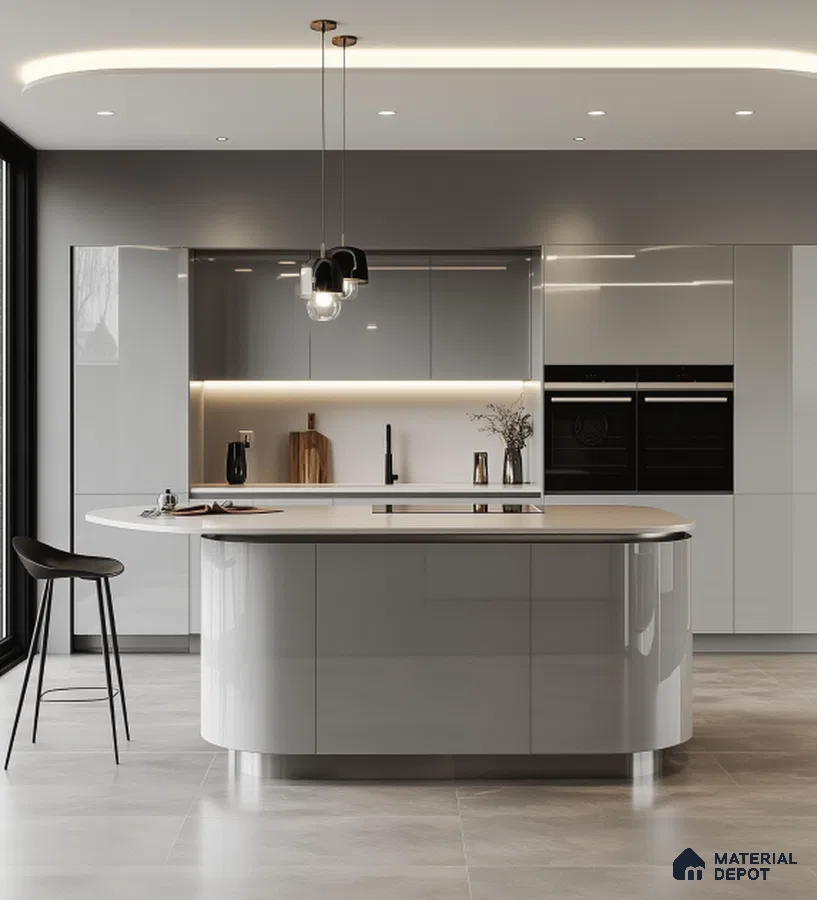 Modern Modular Kitchen with Pastel Teal Cabinets and Marble Backsplash | Material Depot