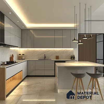 Minimalist Grey Kitchen with Marble Accents and Pendant Lighting | Material Depot