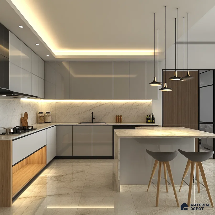 Minimalist Grey Kitchen with Marble Accents and Pendant Lighting | Material Depot