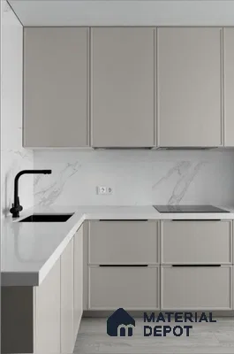 Modern Monochrome Kitchen with Marble Backsplash and Clean Lines | Material Depot