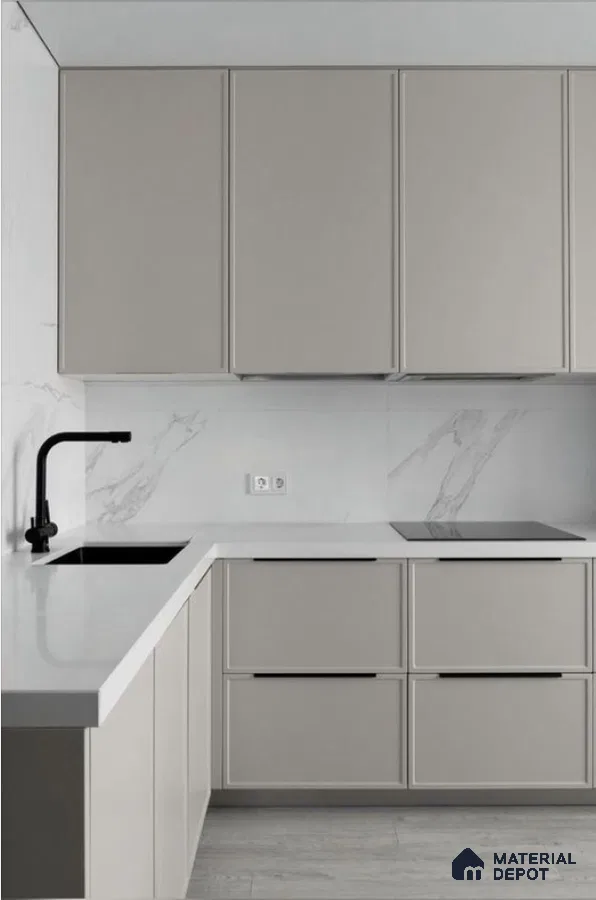 Modern Monochrome Kitchen with Marble Backsplash and Clean Lines | Material Depot