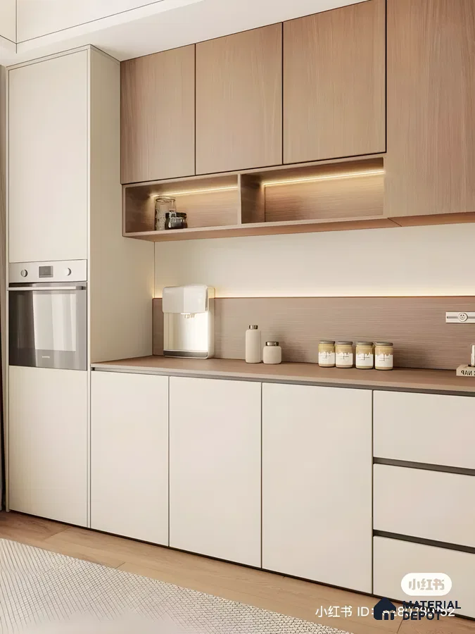 Minimalist Japandi Kitchen With Dual-Tone Matte Beige And Oak Wood Cabinets, Handleless Design, And Soft Under-Cabinet Lighting | Material Depot