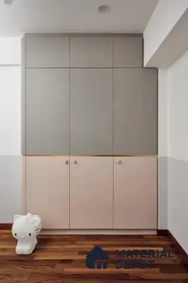 Minimalist kids room wardrobe with pastel pink and grey laminates and wooden flooring | Material Depot