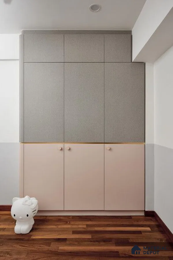 Minimalist kids room wardrobe with pastel pink and grey laminates and wooden flooring | Material Depot