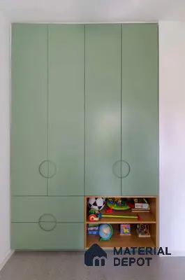 Minimalist kids room wardrobe with sage green laminate and open wooden shelving | Material Depot