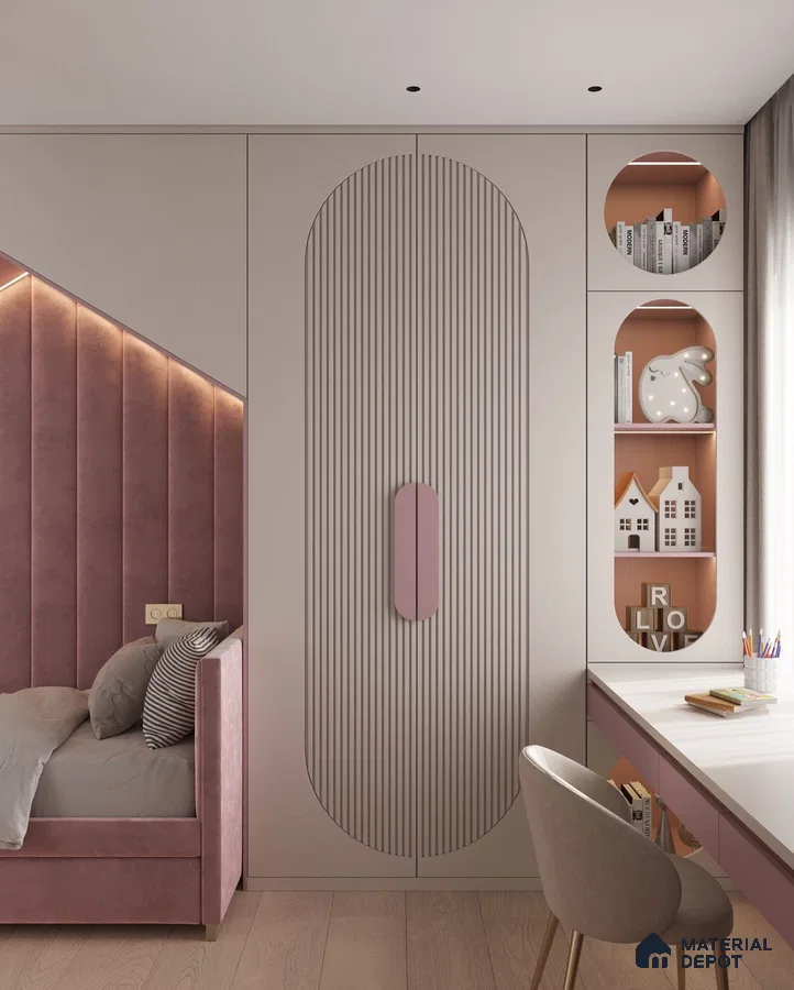Minimalist kids room with blush pink suede upholstered bed, pastel fluted wardrobe, and light wood flooring | Material Depot