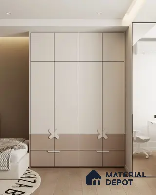 Minimalist kids room with frosty white and taupe solid color laminate wardrobe and light oak wooden flooring | Material Depot
