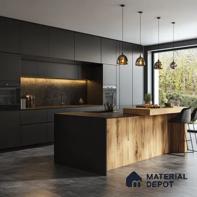 Minimalist Kitchen Design Blending Natural Wood Tones with Modern Black Accents | Material Depot