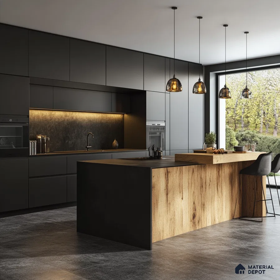 Minimalist Kitchen Design Blending Natural Wood Tones with Modern Black Accents | Material Depot