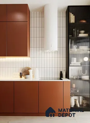 Minimalist Kitchen Design with Terracotta Cabinets and White Vertical Tile Backsplash | Material Depot