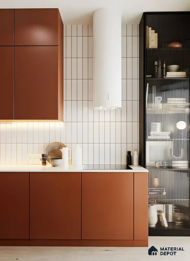 Minimalist Kitchen Design with Terracotta Cabinets and White Vertical Tile Backsplash | Material Depot