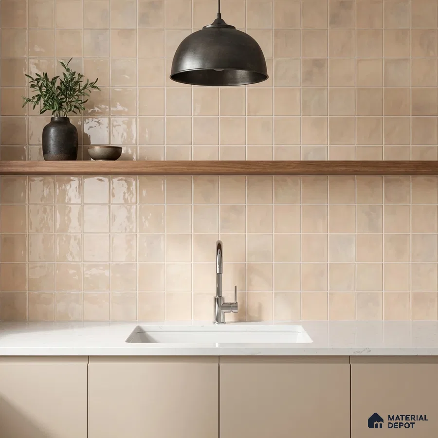 Minimalist kitchen with beige glossy square wall tiles, white quartz countertop, and taupe laminate cabinets