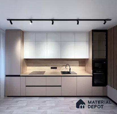 Minimalist kitchen with beige matte laminate, white laminate cabinets, and light oak wood backsplash in Bengaluru | Material Depot