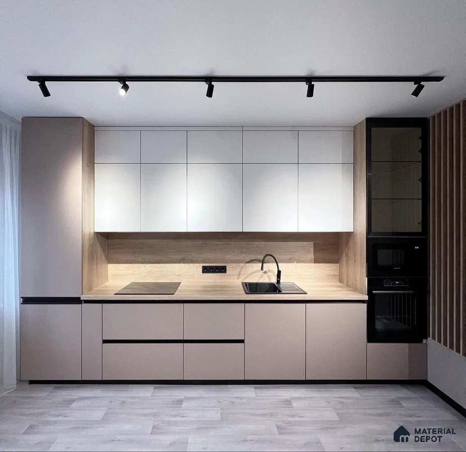 Minimalist kitchen with beige matte laminate, white laminate cabinets, and light oak wood backsplash in Bengaluru | Material Depot