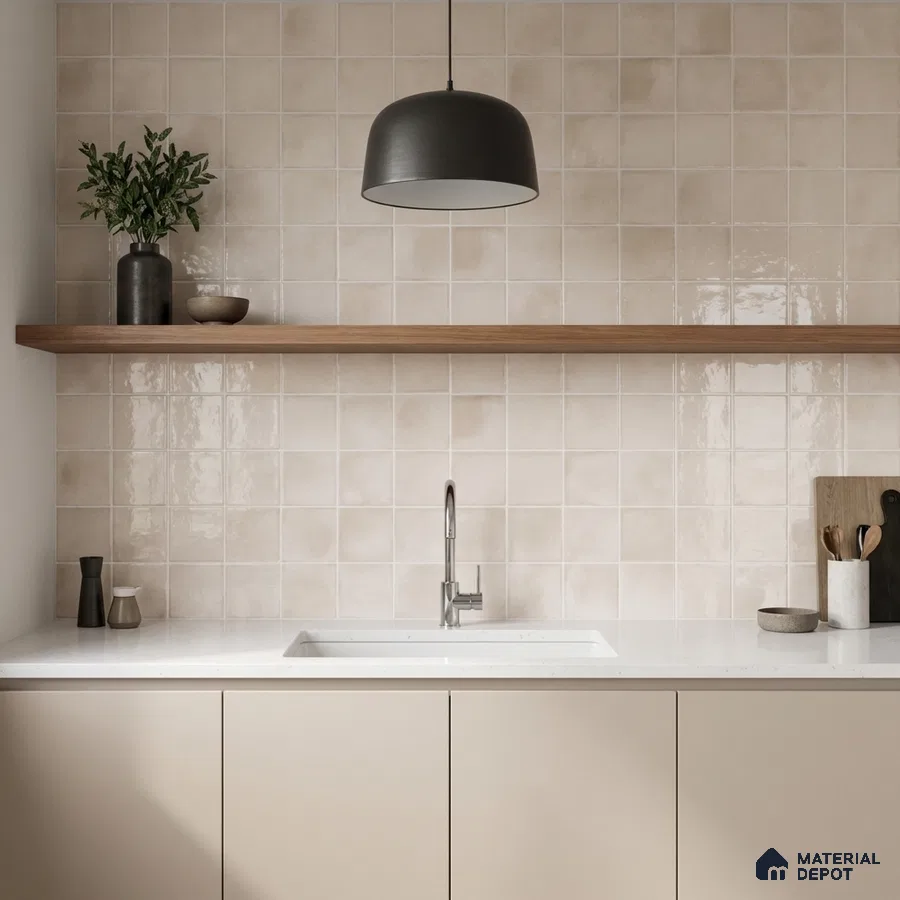 Minimalist kitchen with beige square wall tiles, white quartz countertop, and matte beige laminate cabinets