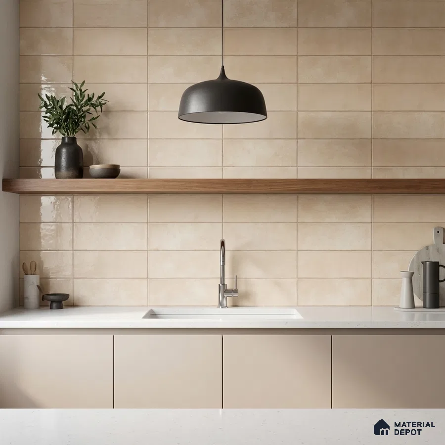 Minimalist kitchen with beige subway wall tiles, matte taupe laminate cabinets, and white quartz countertop
