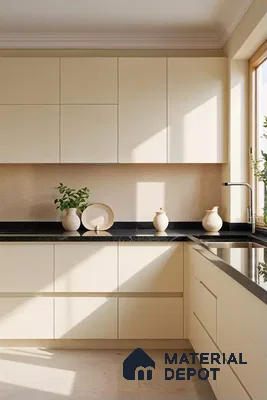 Minimalist kitchen with cream matte laminate cabinets and black marble countertop in Bengaluru | Material Depot