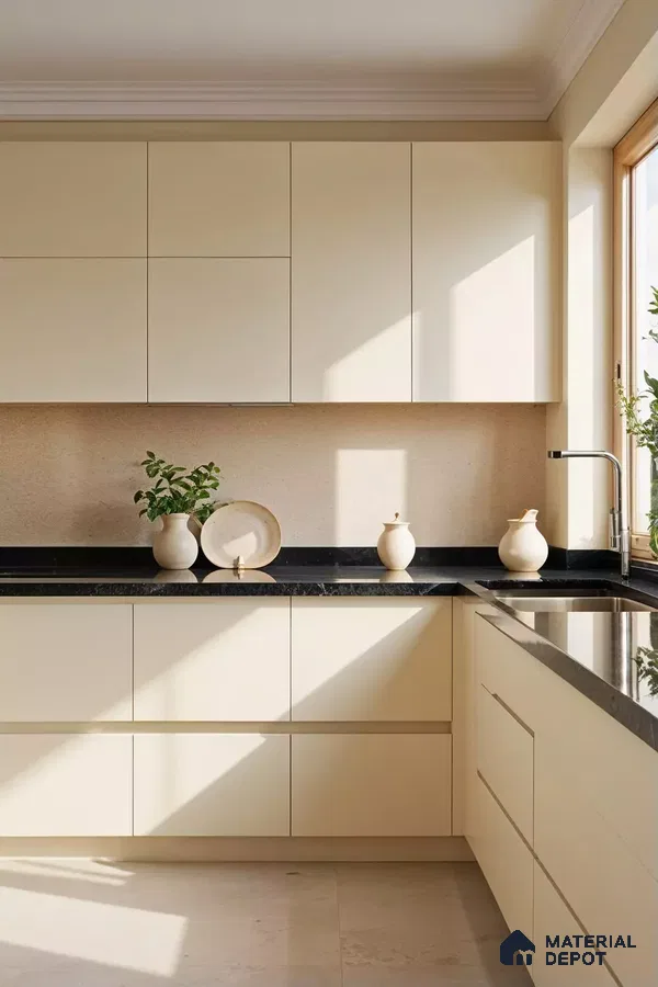 Minimalist kitchen with cream matte laminate cabinets and black marble countertop in Bengaluru | Material Depot