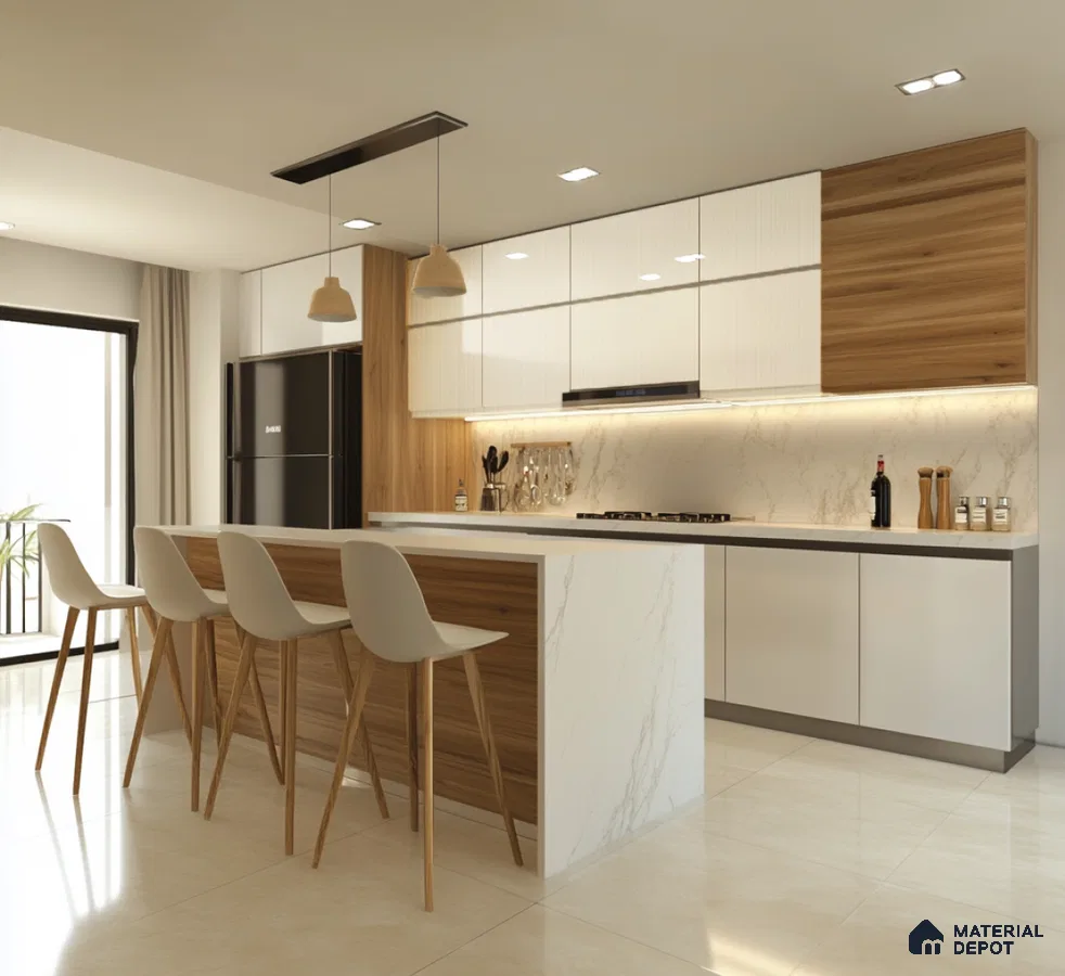 Minimalist Kitchen with Fluted Acrylic Cabinets and Wooden Accents | Material Depot