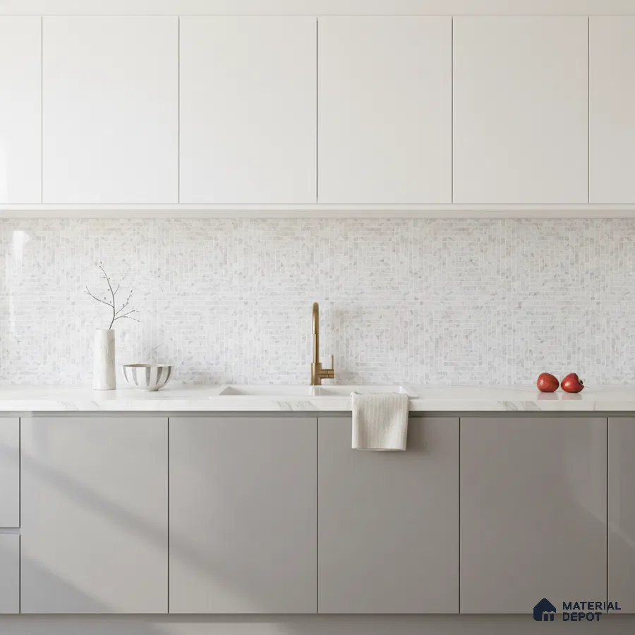 Minimalist kitchen with frosty white and light grey laminate, marble-look quartz countertop, and mosaic backsplash tile in Bengaluru