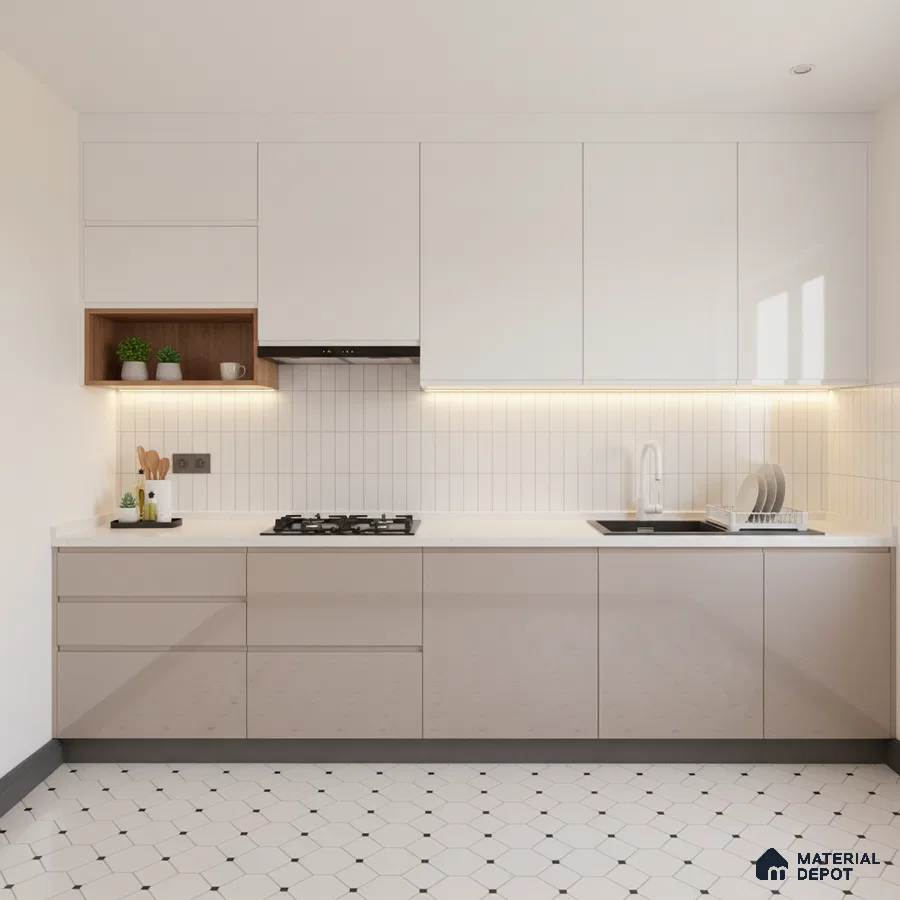 Minimalist kitchen with frosty white and taupe glossy laminate, white quartz countertop, and geometric floor tiles in Bengaluru