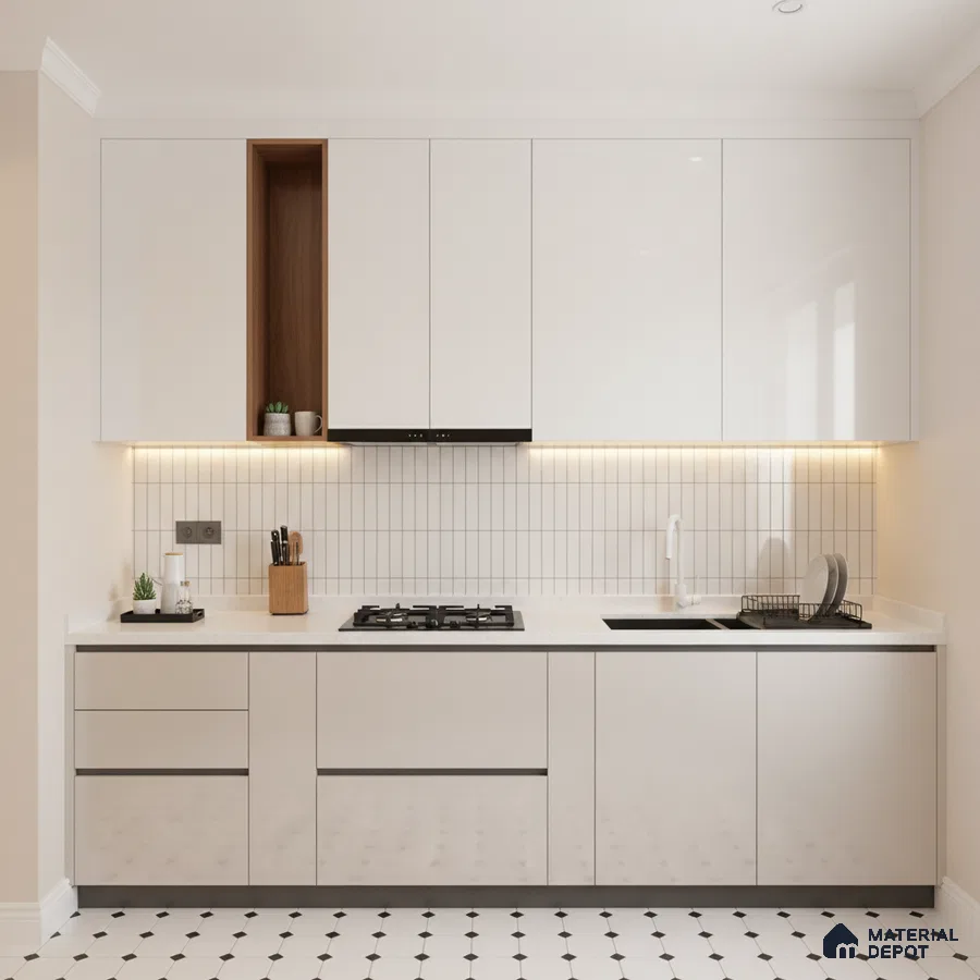 Minimalist kitchen with frosty white high gloss laminate, white quartz countertop, and vertical subway backsplash tile in Bengaluru