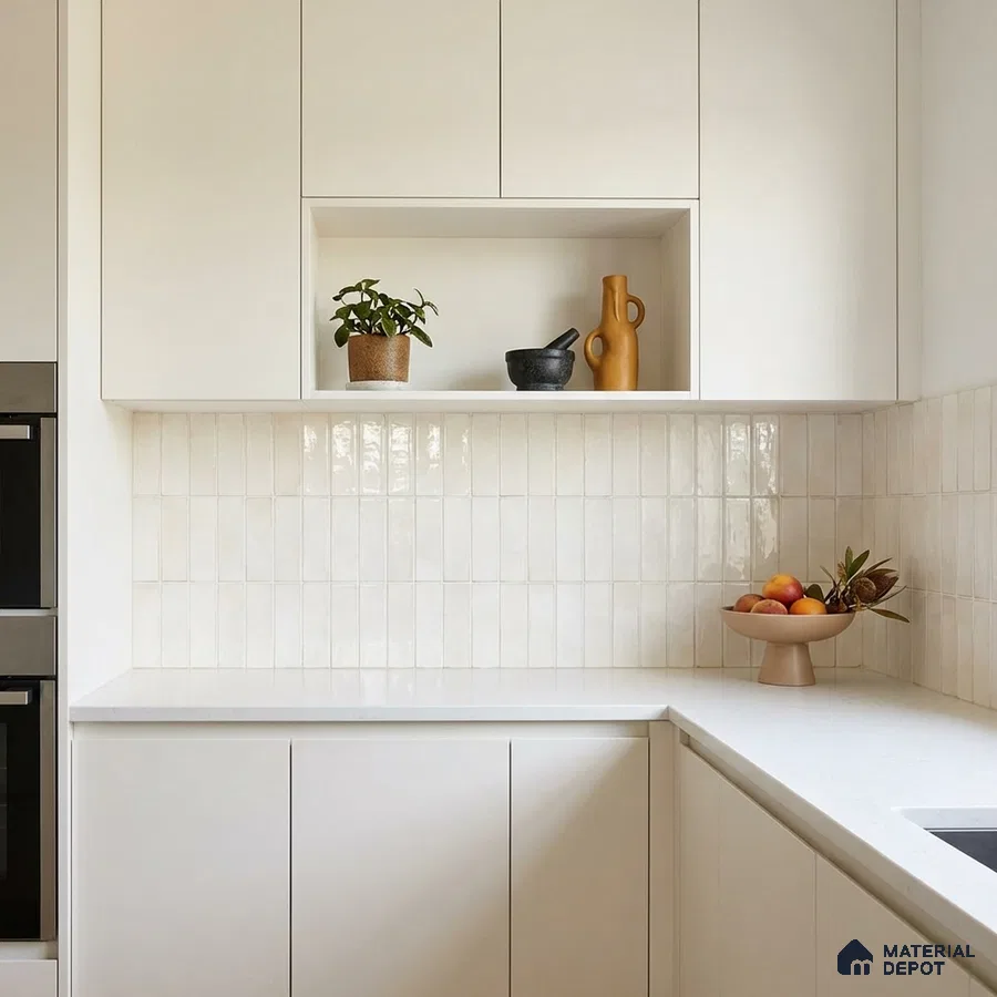 Minimalist kitchen with frosty white laminate cabinets and glossy off-white subway backsplash tiles