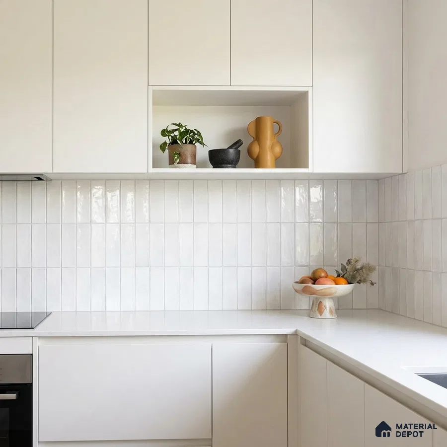 Minimalist kitchen with frosty white laminate cabinets and vertical white subway backsplash tile