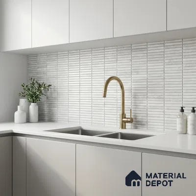Minimalist kitchen with frosty white laminate cabinets and white kitkat subway backsplash tile