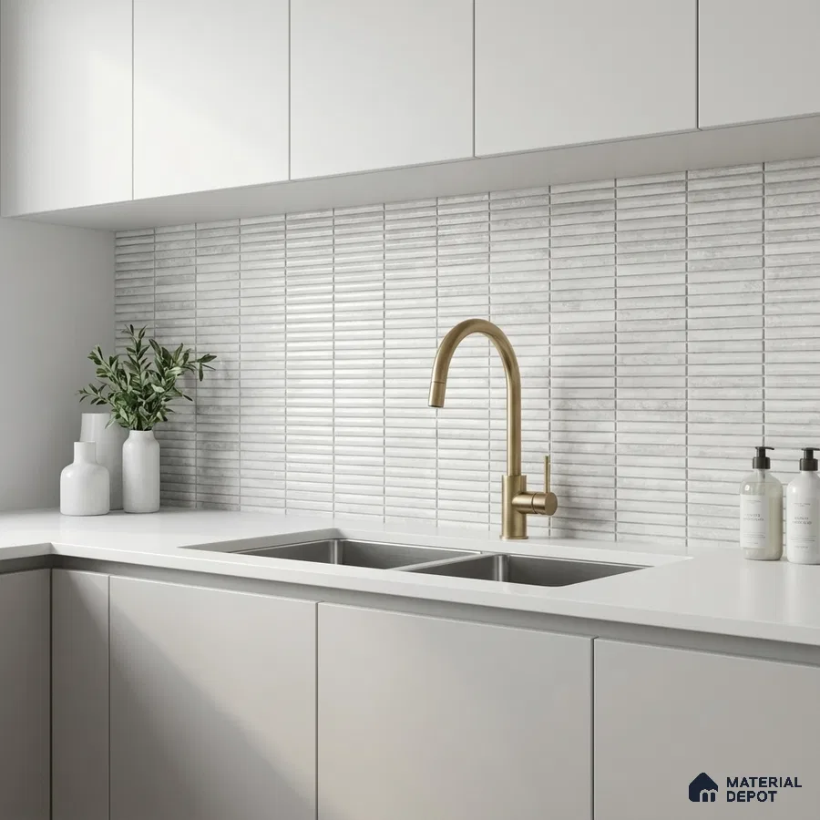 Minimalist kitchen with frosty white laminate cabinets and white kitkat subway backsplash tile